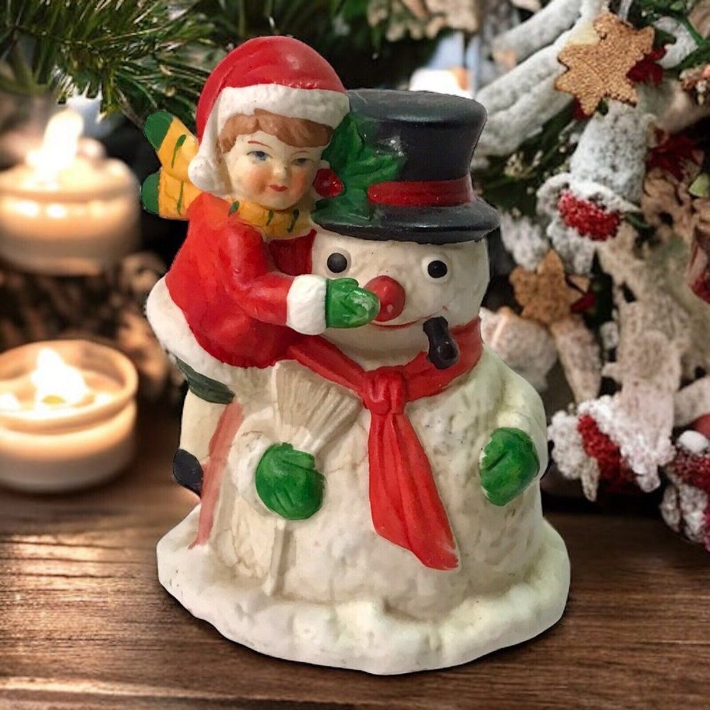 Vtg 87 Porcelain Bisque Girl‎ & Snowman Musical Wind-up Aldon Accessories